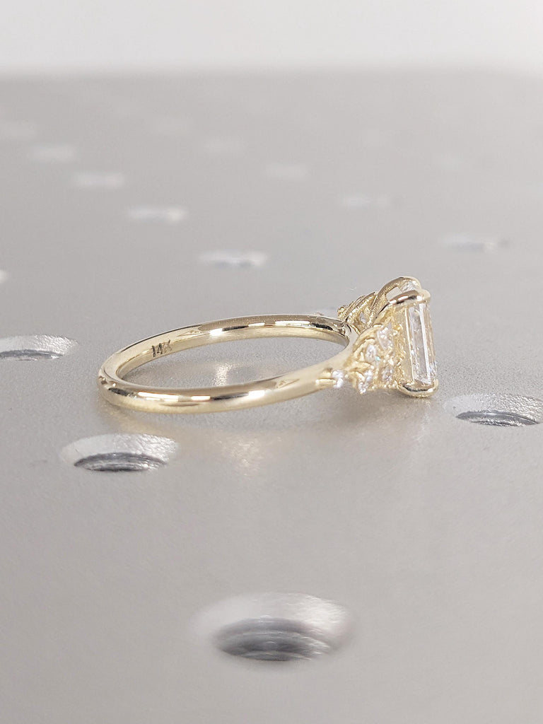 Emerald Cut Lab Grown Diamond | Unique 14K Yellow Gold Snowdrift Engagement Ring | Diamond Cluster Promise or Anniversary Ring for Women