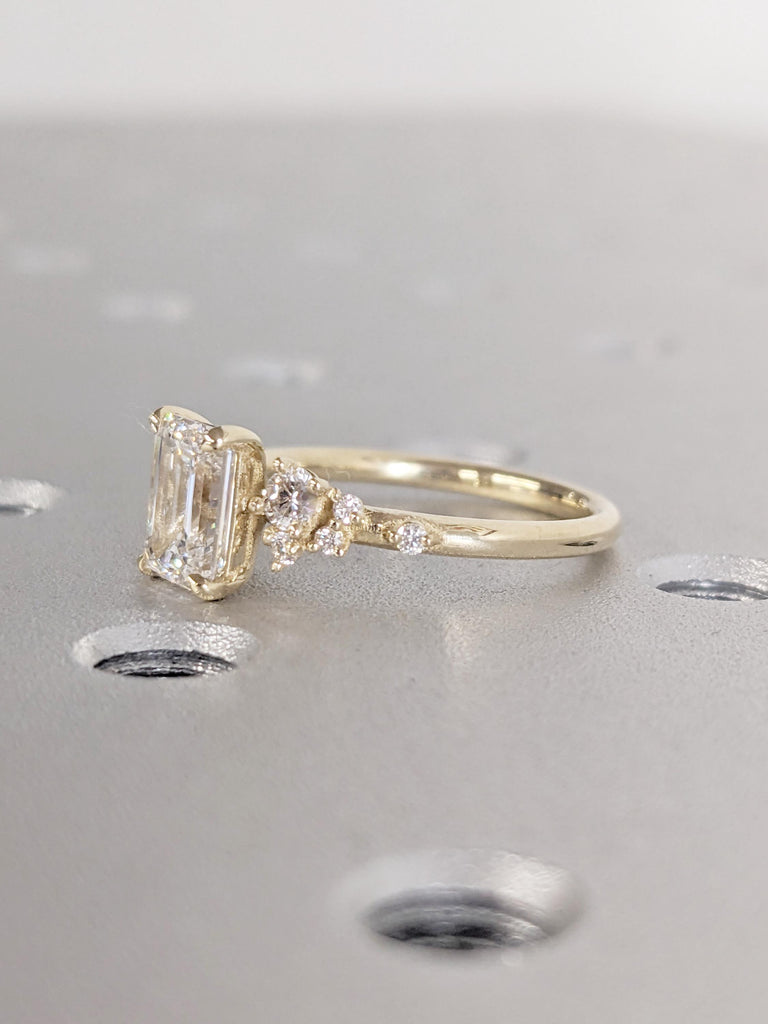 14K Yellow Gold Emerald Cut Moissanite Engagement Ring | Unique Moissanite Wedding Ring | Snowdrift Engagement or Birthday Gift for Wife