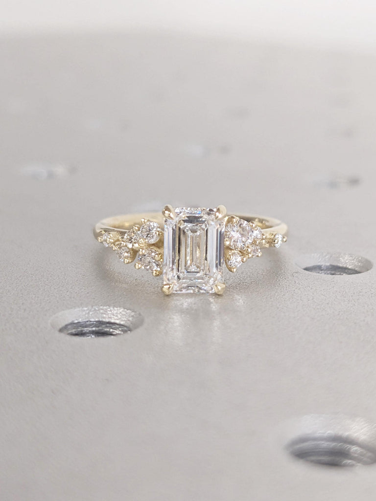 0.5-2.5ct Emerald Cut Moissanite Snowdrift Ring | Dainty 14k Yellow Gold Moissanite Engagement Ring | Art Deco Bridal Ring | Gift for Women