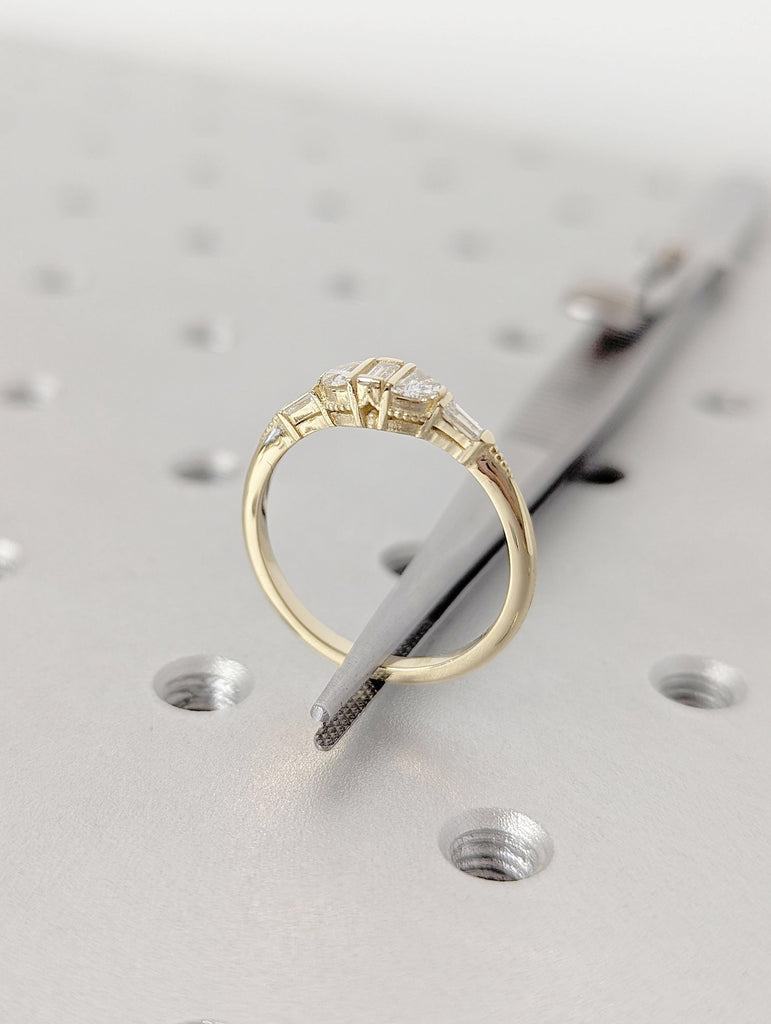 Art Deco Diamond Cluster Engagement Ring | 14K Yellow Gold Wedding Ring for Her | Unique Half Moon Moissanite Promise Ring | Custom Ring