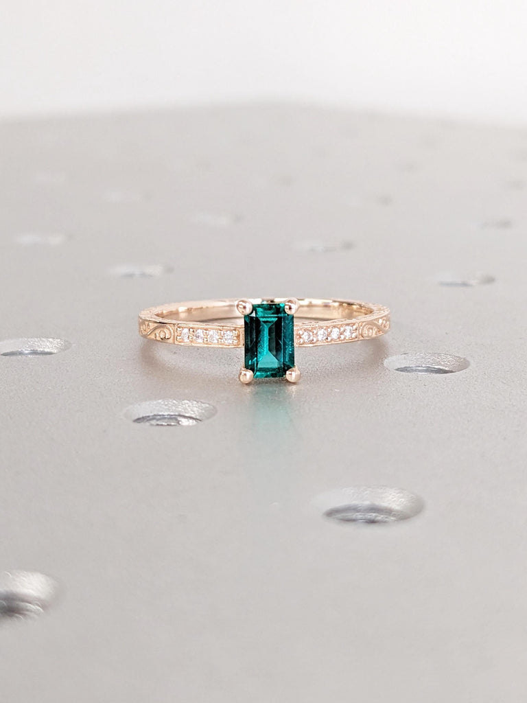 14k Rose Gold Lab Grown Emerald Promise Ring | Jewelry Gift for Her | Unique Diamond Engagement Ring for Wife | Gold Emerald Ring