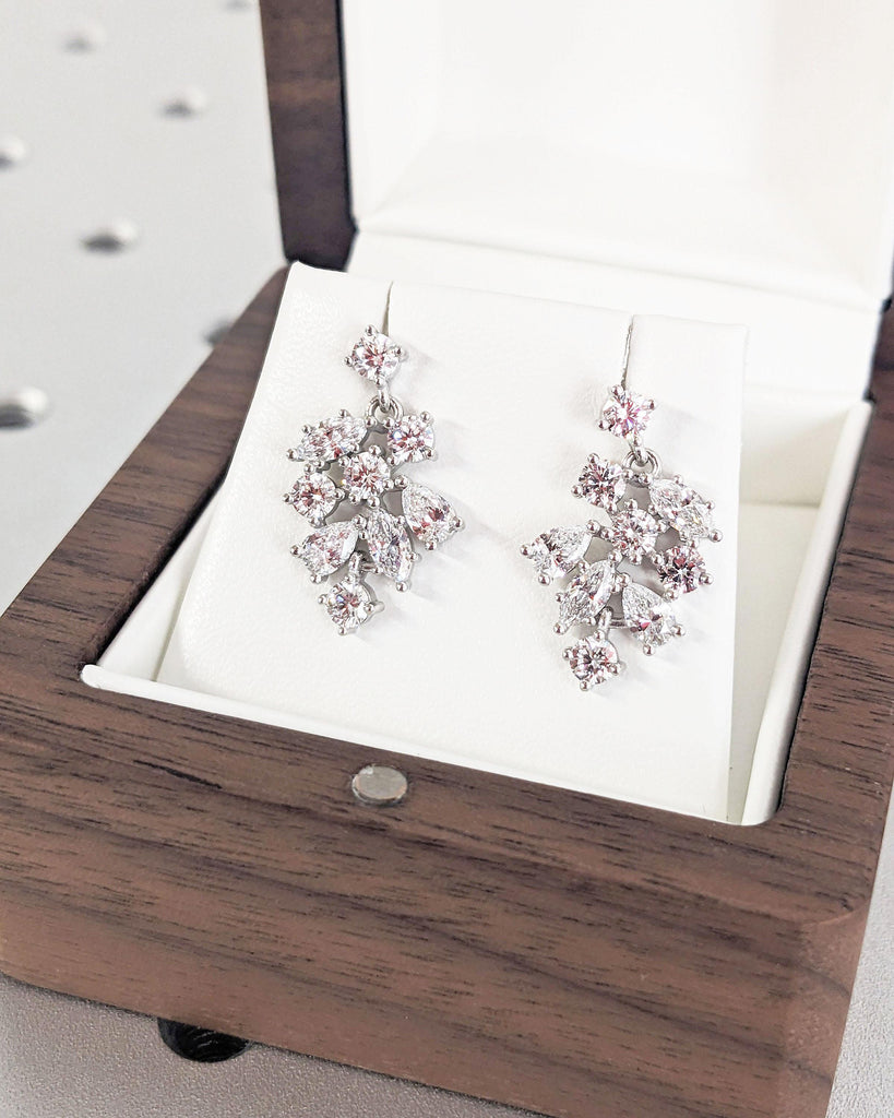 Statement Wedding Earrings • White Gold Moissanite Earrings • Marquise Leaves Shape Long Drop Earrings • Gala Dinner Earrings • Unique Gift