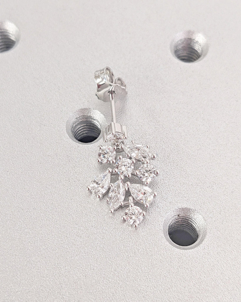 14K White Gold Wedding Earrings - Winter Wedding - Bridal Earrings - Moissanite Earrings - Leaves Drop Earrings - Floral Statement Earrings