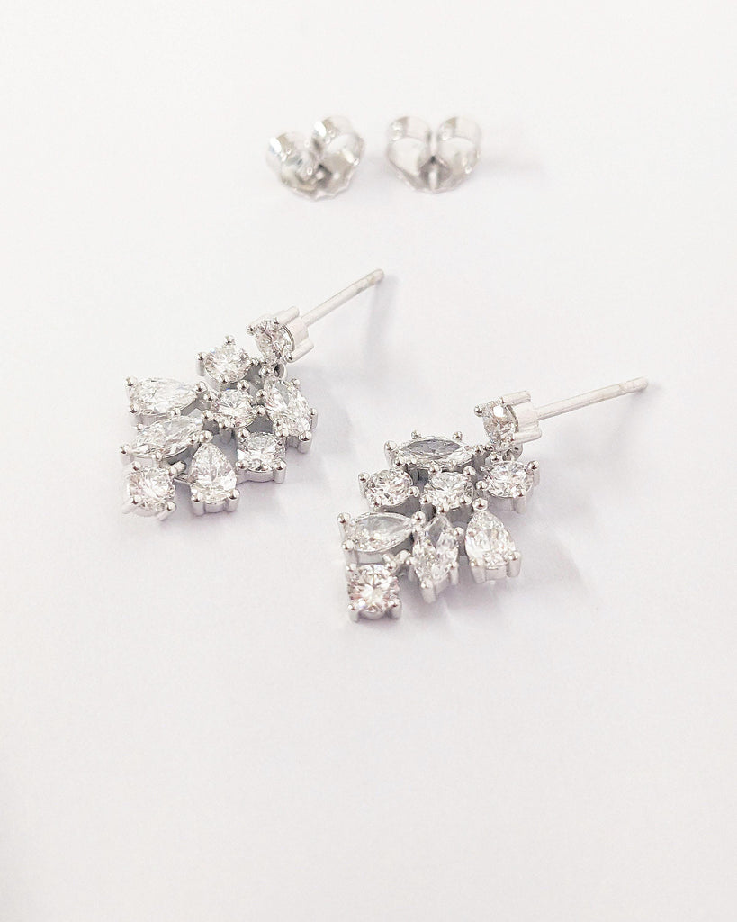 14k White Gold Diamond Wedding Earrings | Long Dangle Earrings | Diamonds Cluster Earrings | Marquise, Pear, Round Diamond Earrings For Her