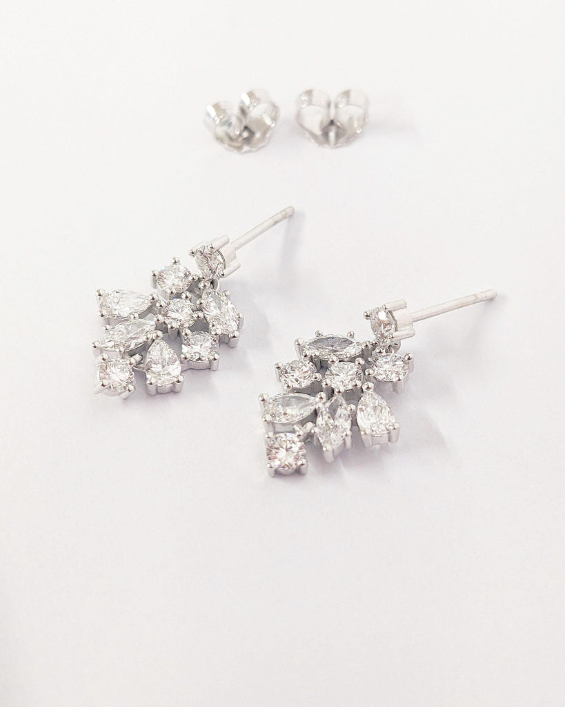 14K White Gold Wedding Earrings - Winter Wedding - Bridal Earrings - Lab Diamond Earrings - Leaves Drop Earrings - Floral Statement Earrings