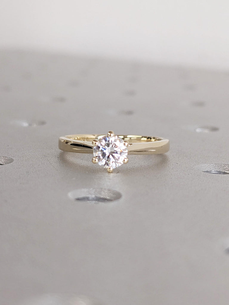 Unique Moissanite Anniversary Ring, 14k Gold Wedding Band, Solitaire Wedding Ring, Art Deco Ring, Minimalist Engagement Ring, Gift for Her