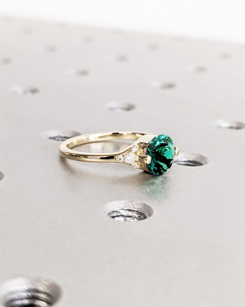 Round Cut Lab Emerald Engagement Ring / Cluster Accent Round Lab Emerald / Art Deco Green Lab Emerald Ring / Yellow Gold Ring / Promise Ring