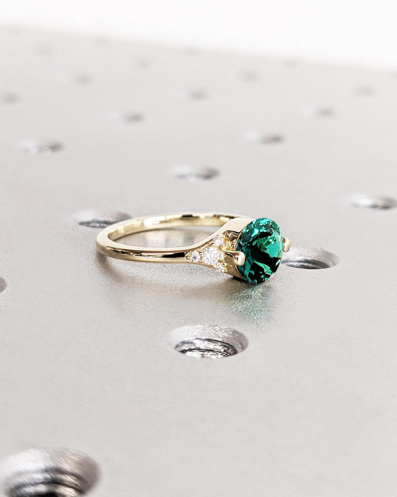 Art Deco Green Lab Emerald Engagement Ring | Dainty 14k Yellow Gold Ring | Anniversary Gift for Wife | Unique Cluster Accent Wedding Ring