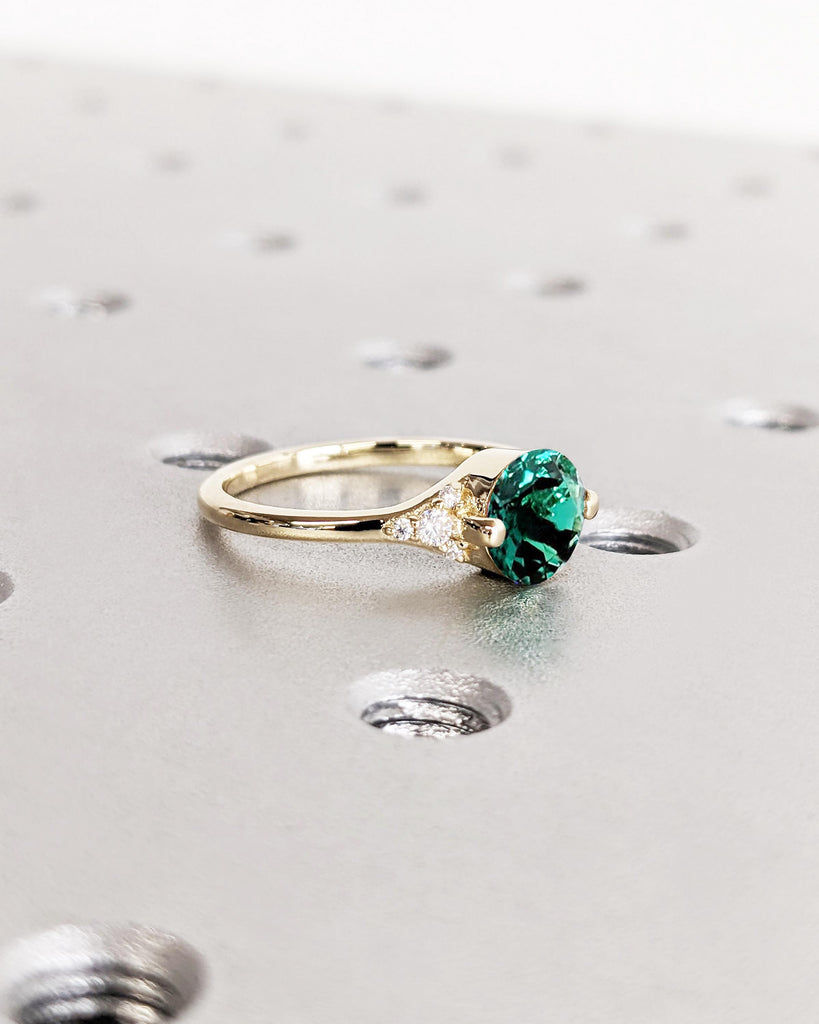 Round Cut Lab Emerald Promise ring | 14k Yellow Gold Ring | Vintage Green Lab Emerald Ring | Emerald Engagement Ring | Anniversary Rings