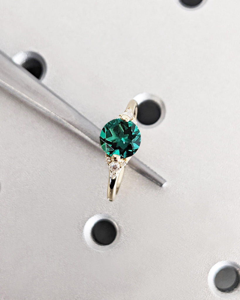 Round Cut Lab Emerald Engagement Ring / Cluster Accent Round Lab Emerald / Art Deco Green Lab Emerald Ring / Yellow Gold Ring / Promise Ring