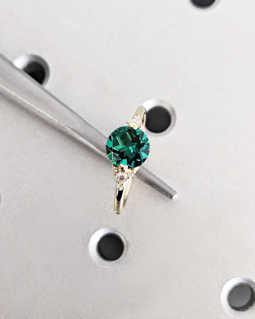 Art Deco Green Lab Emerald Engagement Ring | Dainty 14k Yellow Gold Ring | Anniversary Gift for Wife | Unique Cluster Accent Wedding Ring