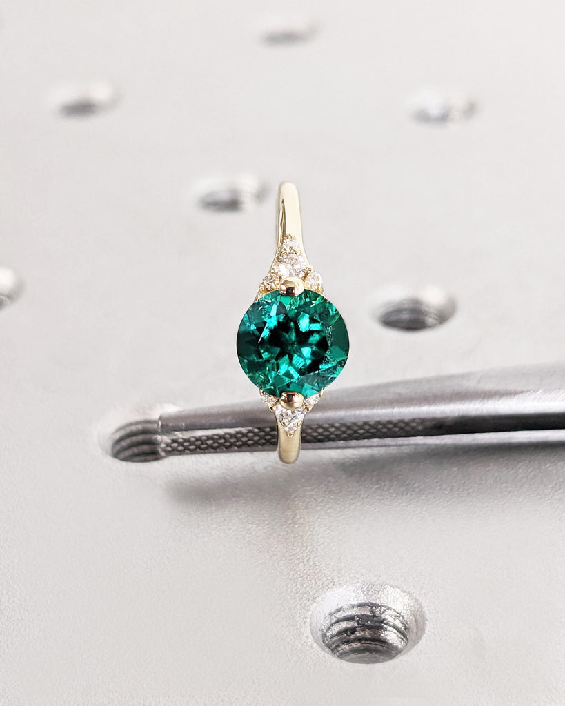 Art Deco Green Lab Emerald Engagement Ring | Dainty 14k Yellow Gold Ring | Anniversary Gift for Wife | Unique Cluster Accent Wedding Ring