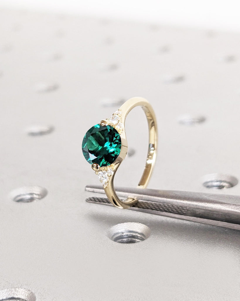 Art Deco Green Lab Emerald Engagement Ring | Dainty 14k Yellow Gold Ring | Anniversary Gift for Wife | Unique Cluster Accent Wedding Ring