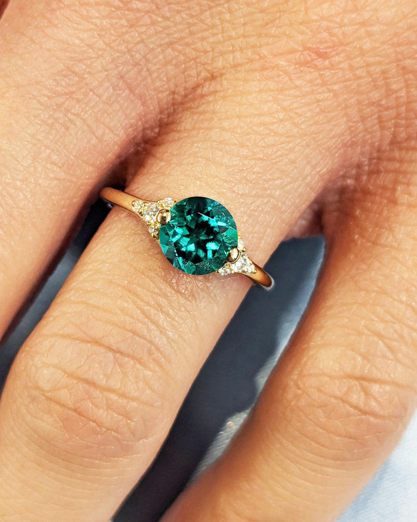 Round Cut Lab Emerald Engagement Ring / Cluster Accent Round Lab Emerald / Art Deco Green Lab Emerald Ring / Yellow Gold Ring / Promise Ring