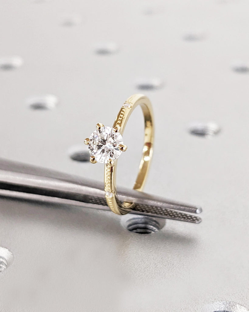 Beaded Dainty Engagement Ring / 5mm Round Cut Lab Diamond Ring / 14K Yellow Gold Ring / Solitaire Ring / Stack Ring / Promise Ring For Women