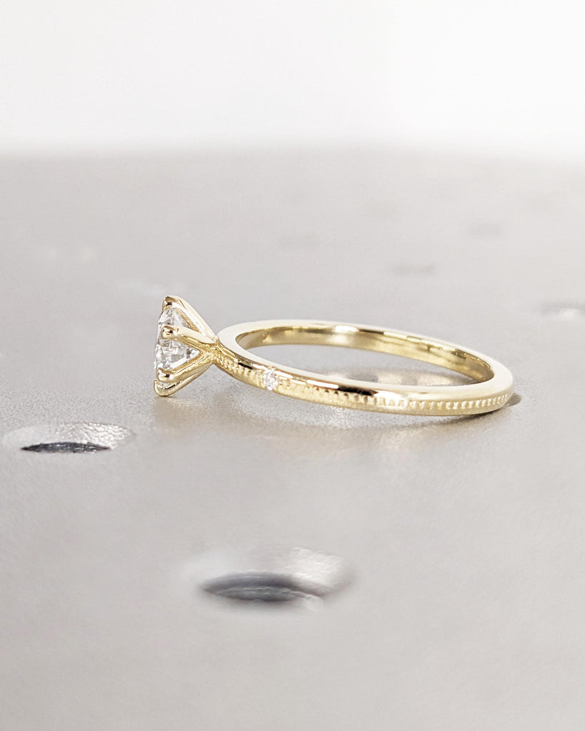 Round Cut Lab Grown Diamond Anniversary Ring | 14K Yellow Gold Beaded Band | Diamond Engagement Ring | Solitaire Ring | Unique Gift for Wife