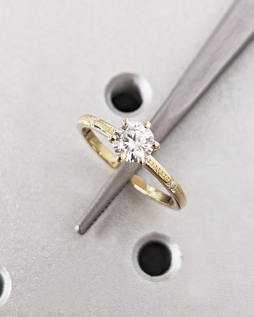 Beaded Dainty Engagement Ring / 5mm Round Cut Lab Diamond Ring / 14K Yellow Gold Ring / Solitaire Ring / Stack Ring / Promise Ring For Women