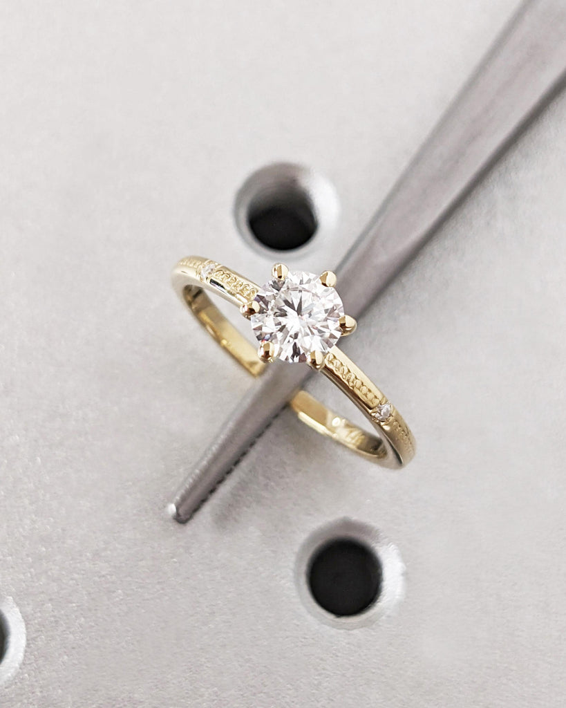 Round Cut Lab Grown Diamond Anniversary Ring | 14K Yellow Gold Beaded Band | Diamond Engagement Ring | Solitaire Ring | Unique Gift for Wife