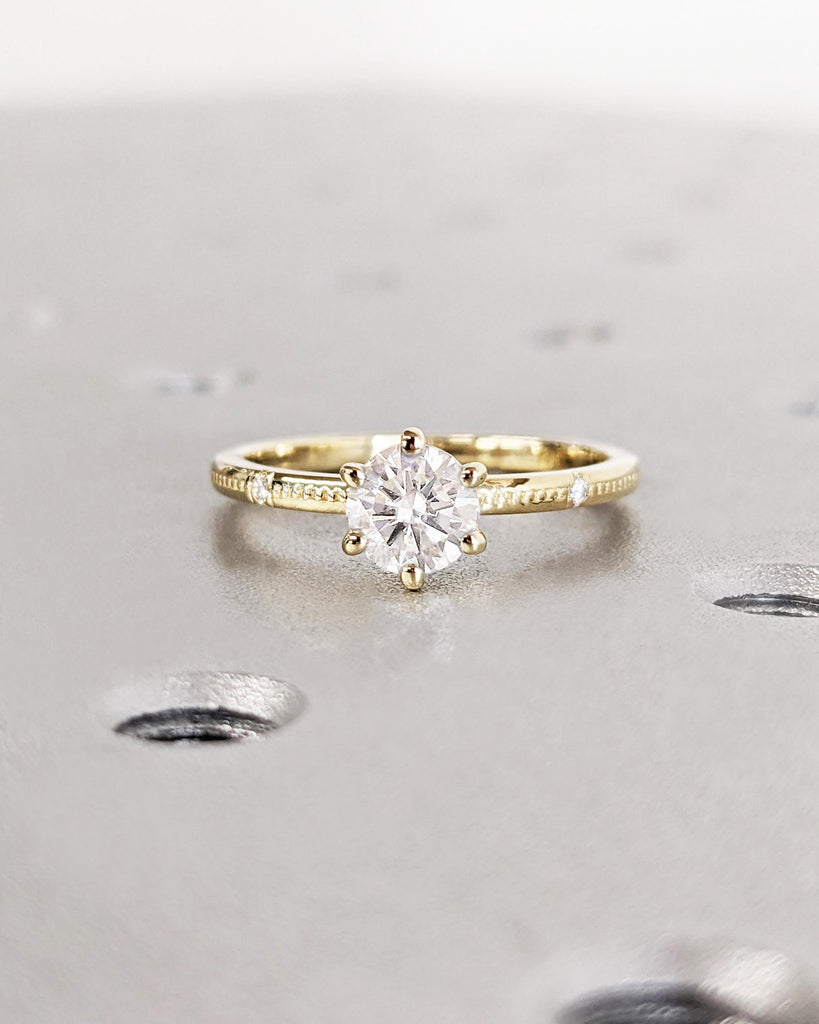 Beaded Dainty Engagement Ring / 5mm Round Cut Lab Diamond Ring / 14K Yellow Gold Ring / Solitaire Ring / Stack Ring / Promise Ring For Women