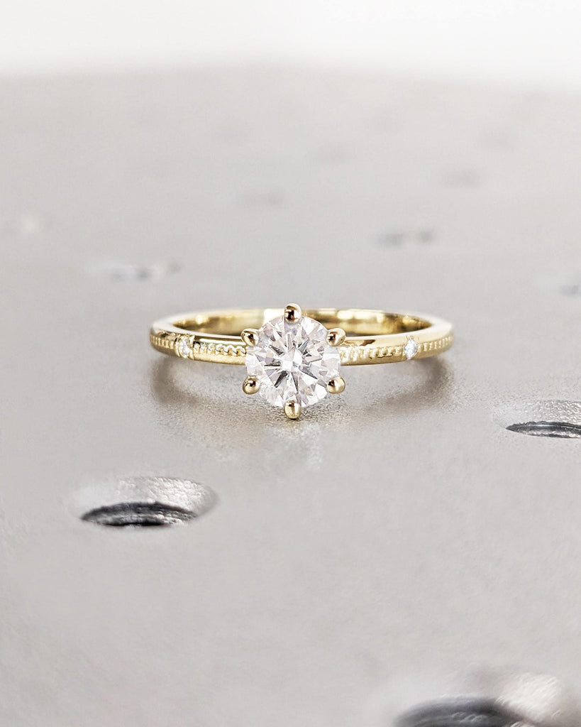 Round Cut Lab Grown Diamond Anniversary Ring | 14K Yellow Gold Beaded Band | Diamond Engagement Ring | Solitaire Ring | Unique Gift for Wife