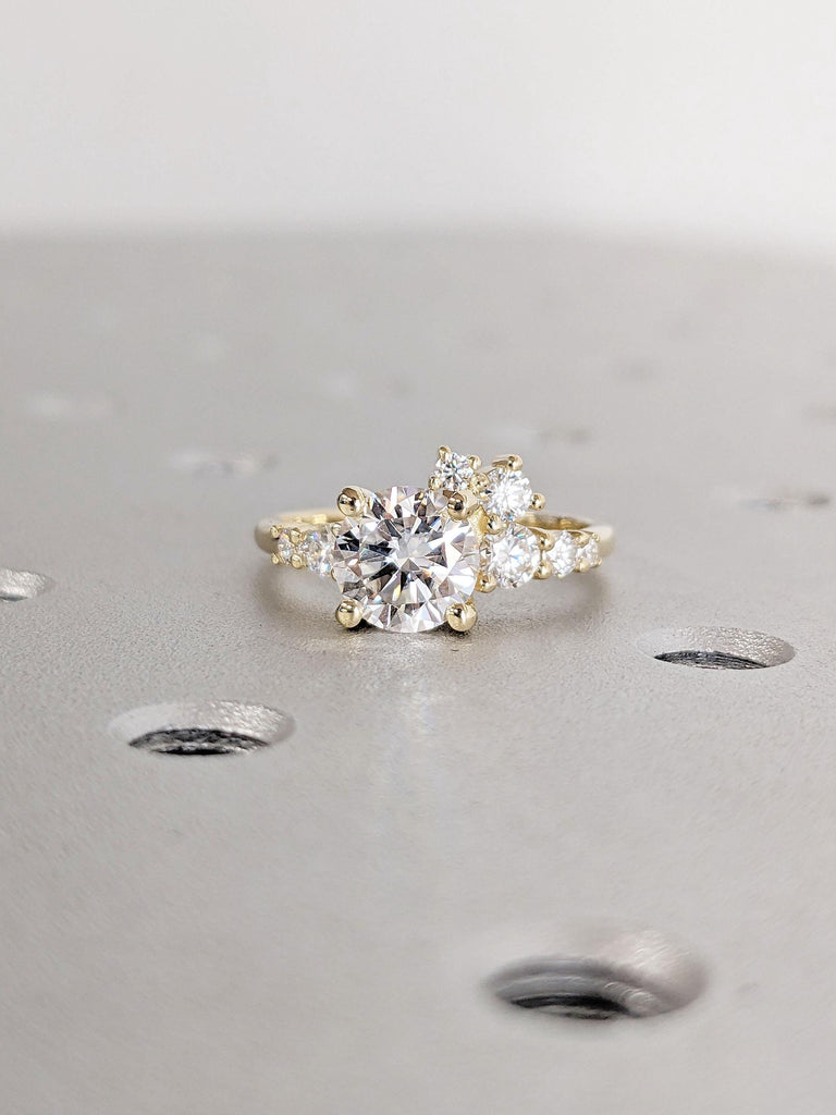 Colorless VVS Moissanite Cluster Ring | Round Diamond Engagement Ring | Unique Cluster Engagement Ring | 1-2CT Moissanite Artisan Jewelry