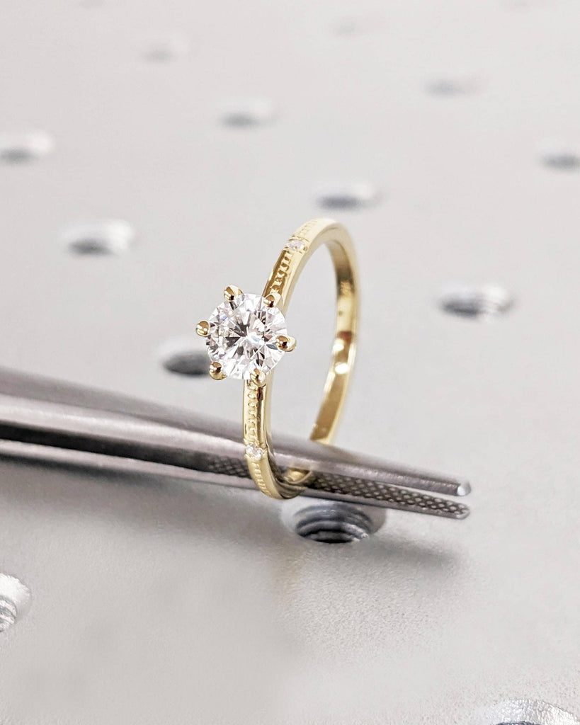 5mm Round Cut Lab Grown Diamond Engagement Ring, Beaded Band Dainty Engagement Ring, Solitaire Ring, 14K Yellow Gold, Promise Ring For Women