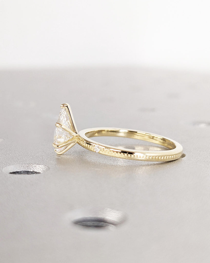 Lab Grown Diamond Ring, Pear Cut 14k Yellow Gold Engagement Ring, Dainty Promise Ring for Her, Beaded Wedding Ring, Unique Anniversary Gift