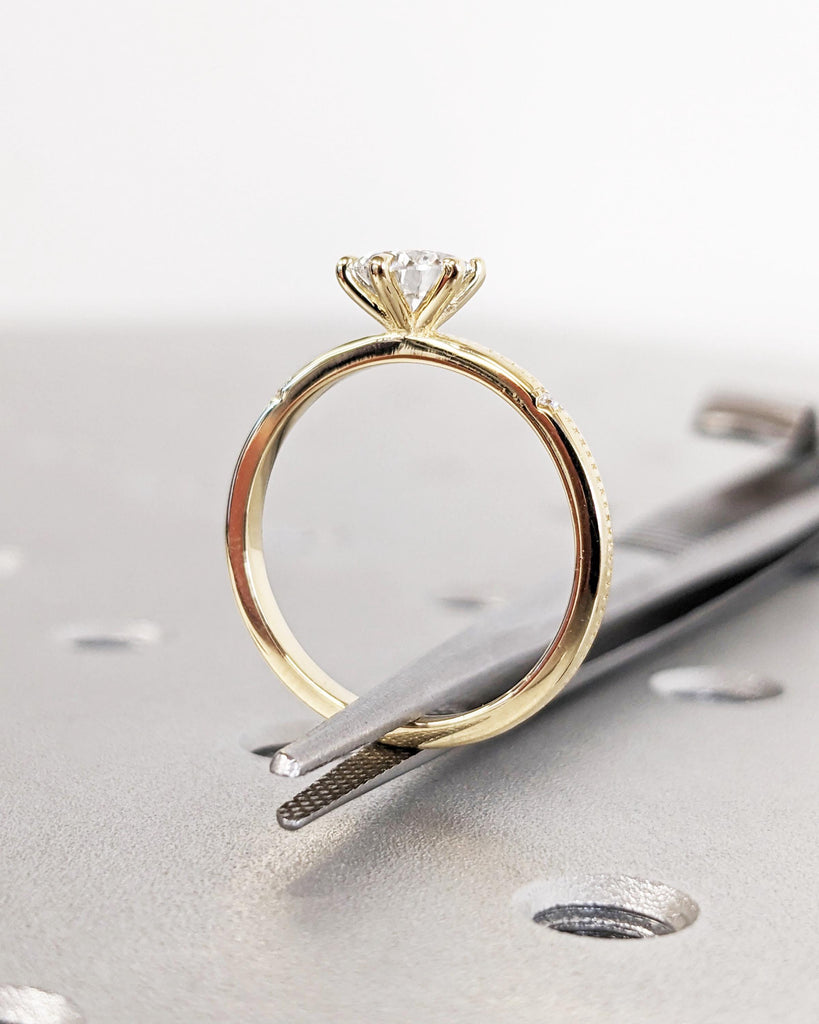 Lab Grown Diamond Ring, Pear Cut 14k Yellow Gold Engagement Ring, Dainty Promise Ring for Her, Beaded Wedding Ring, Unique Anniversary Gift