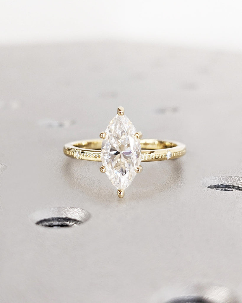 Marquise Cut Lab Grown Diamond Engagement Ring | Beaded Band Dainty Engagement Ring | Solitaire Ring | 14K Yellow Gold Promise Ring For Her