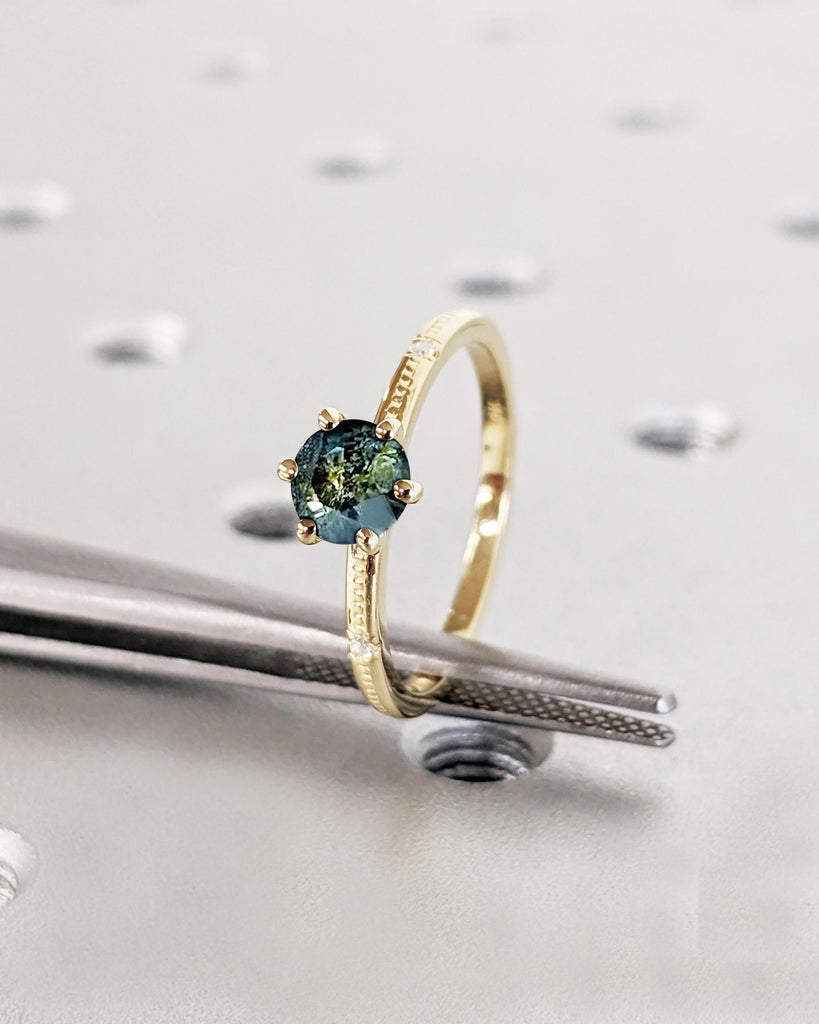 Beaded Dainty Engagement Ring, Round Cut Teal Sapphire Ring, Peacock Blue Green Montana Sapphire Ring, 14K Yellow Gold Ring, Solitaire Ring