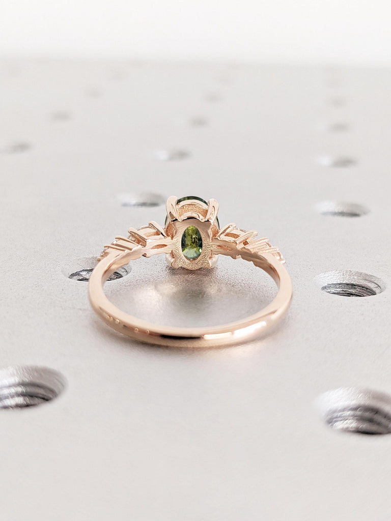 14k Rose Gold Sapphire Ring For Her | Unique Teal Sapphire Wedding Ring | Lab Diamond Cluster Ring | Promise Anniversary Bridal Ring Jewelry