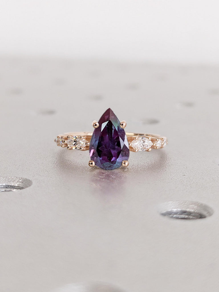 Pear cut Lab Alexandrite Engagement Ring | Vintage Unique Rose Gold Promise Ring | Women Marquise lab Diamond Cluster Ring | Wedding Ring