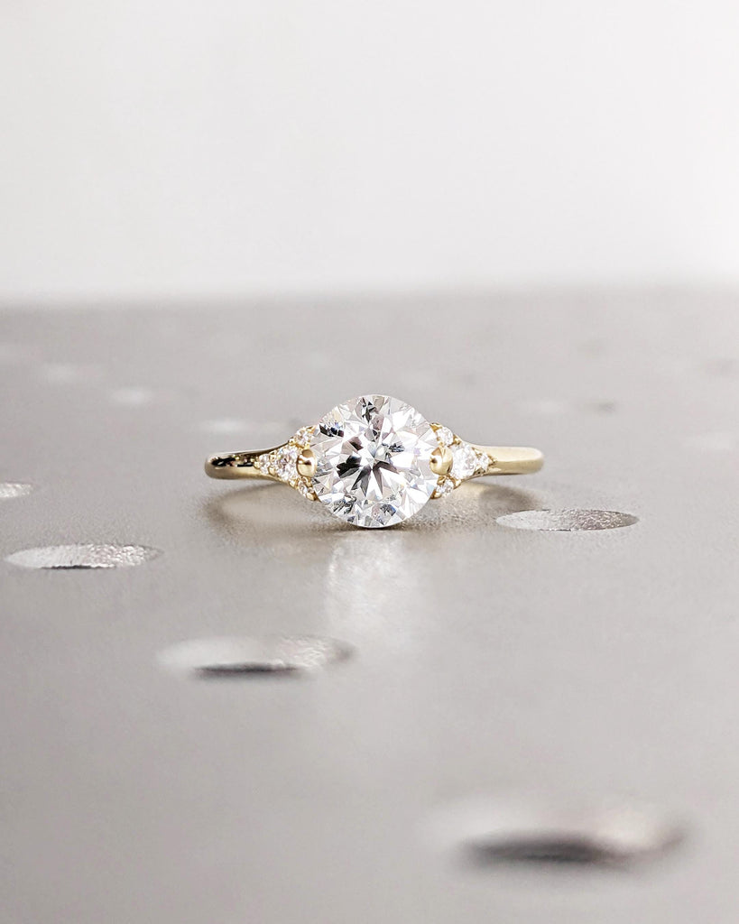 Round Cut Lab Grown Diamond Engagement Ring / Cluster Accent Round Lab Diamond / Art Deco Lab Diamond Ring / Yellow Gold Ring / Promise Ring