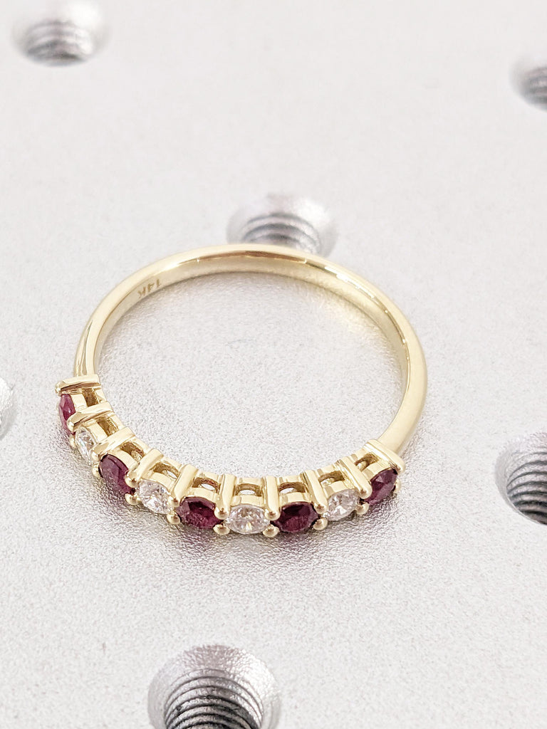 Ruby Diamond Ring | 14k Yellow Gold Half Eternity Ring | Unique Diamond Wedding Band | Dainty Ruby Wedding Ring | Anniversary Gift for Her