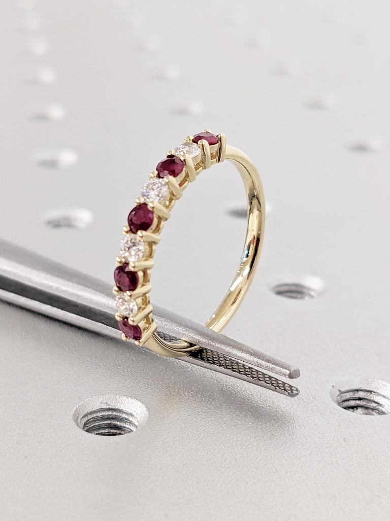 Ruby Diamond Ring | 14k Yellow Gold Half Eternity Ring | Unique Diamond Wedding Band | Dainty Ruby Wedding Ring | Anniversary Gift for Her