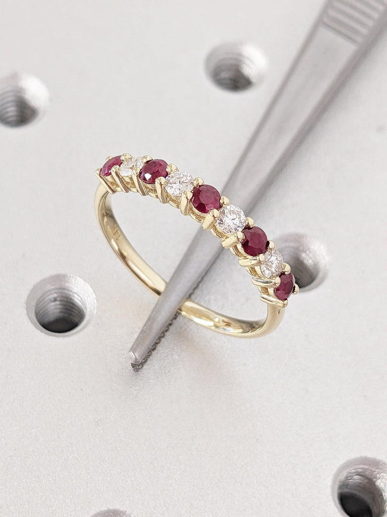 Ruby Diamond Ring | 14k Yellow Gold Half Eternity Ring | Unique Diamond Wedding Band | Dainty Ruby Wedding Ring | Anniversary Gift for Her