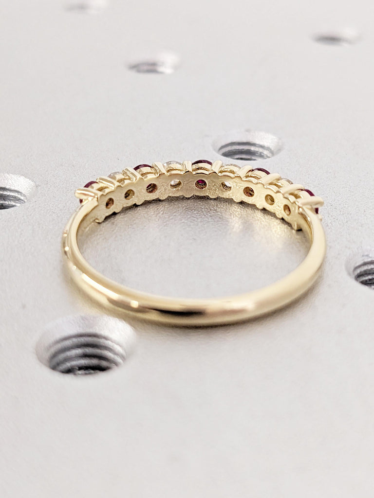 Ruby Diamond Ring | 14k Yellow Gold Half Eternity Ring | Unique Diamond Wedding Band | Dainty Ruby Wedding Ring | Anniversary Gift for Her