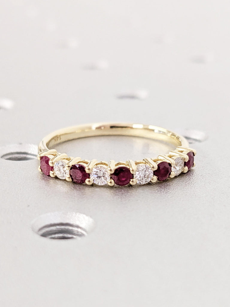 Ruby Diamond Ring | 14k Yellow Gold Half Eternity Ring | Unique Diamond Wedding Band | Dainty Ruby Wedding Ring | Anniversary Gift for Her