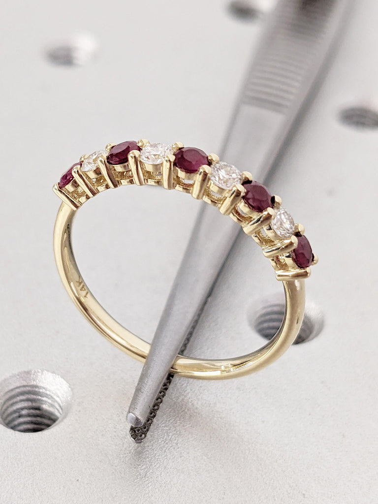 Ruby Diamond Ring | 14k Yellow Gold Half Eternity Ring | Unique Diamond Wedding Band | Dainty Ruby Wedding Ring | Anniversary Gift for Her