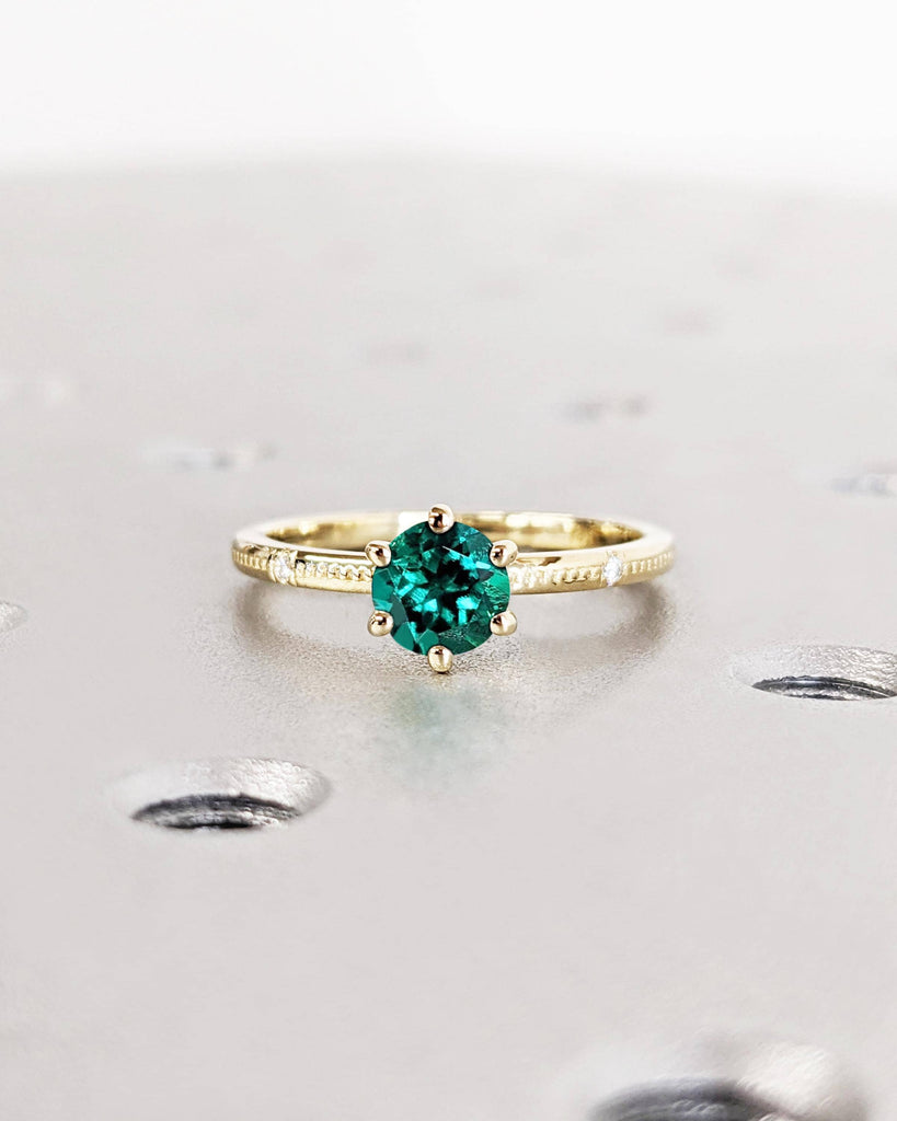 Round Cut Lab Grown Emerald Ring, Beaded Band Dainty Engagement Ring, Emerald Ring, 14K Yellow Gold Solitaire Ring, Promise Ring, Minimalist