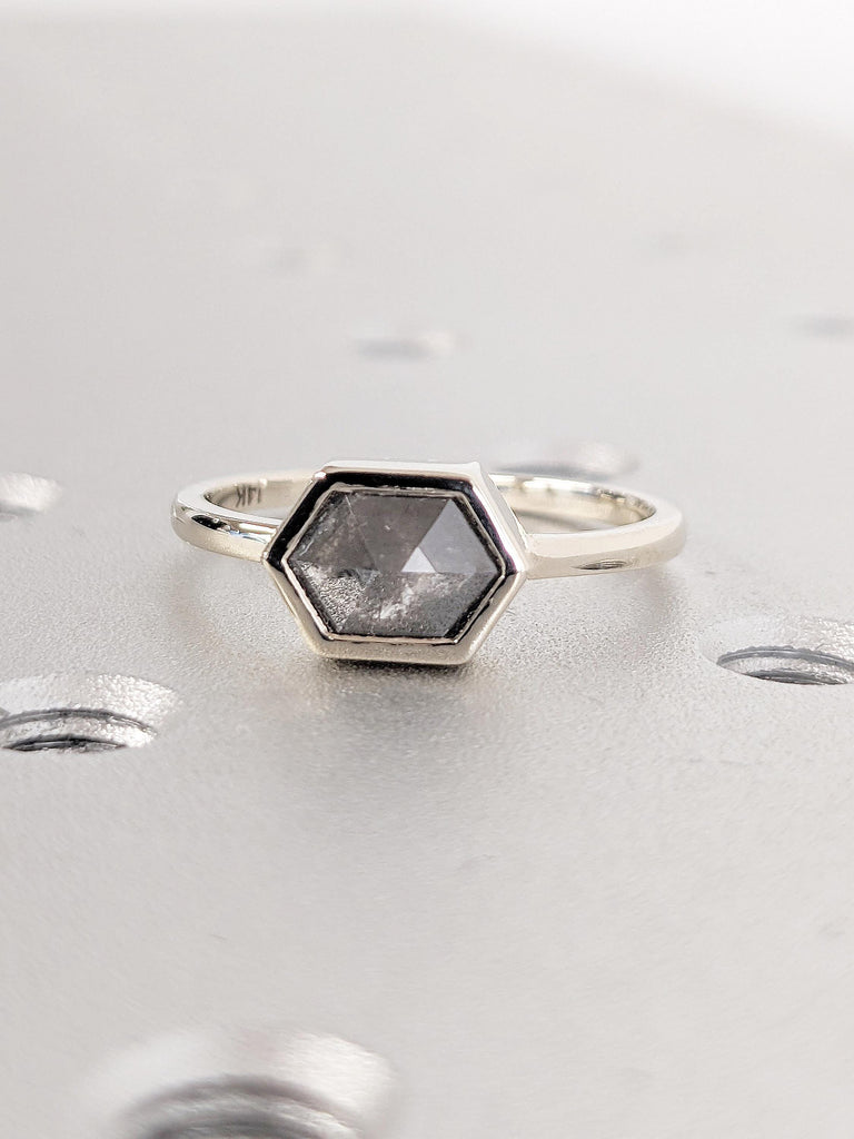 Hexagon Salt and Pepper Diamond Ring, 14k White Gold Engagement Ring, Unique Wedding or Anniversary Gift for Her, Bezel Setting Gold Ring