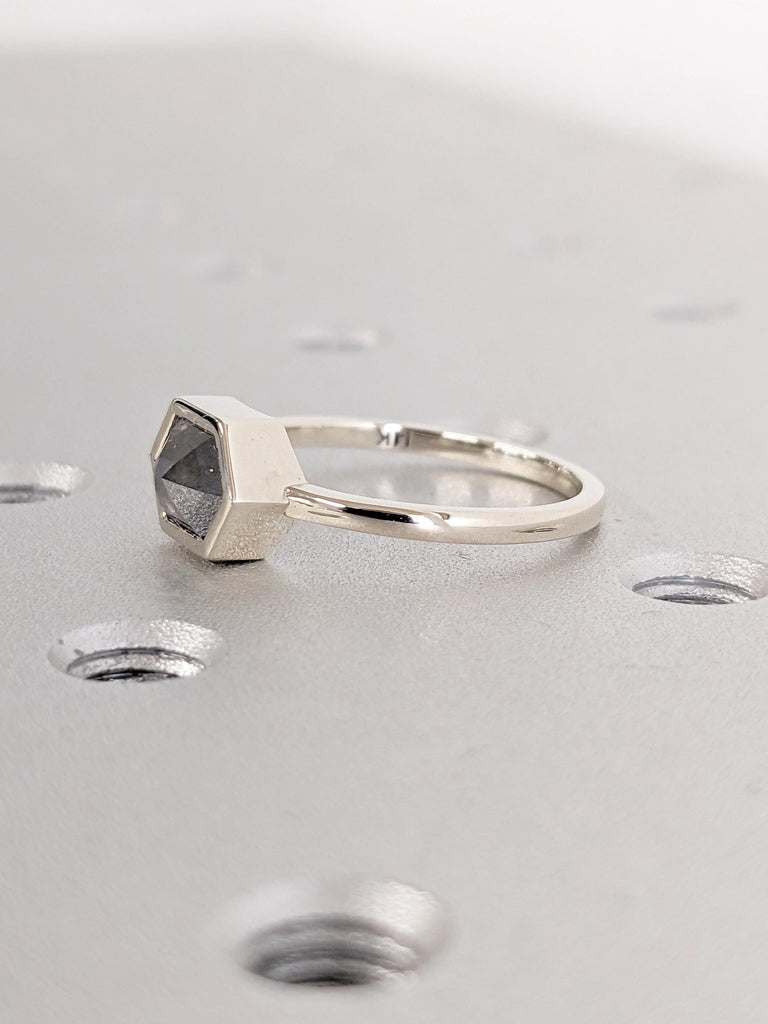 Hexagon Salt and Pepper Diamond Ring, 14k White Gold Engagement Ring, Unique Wedding or Anniversary Gift for Her, Bezel Setting Gold Ring