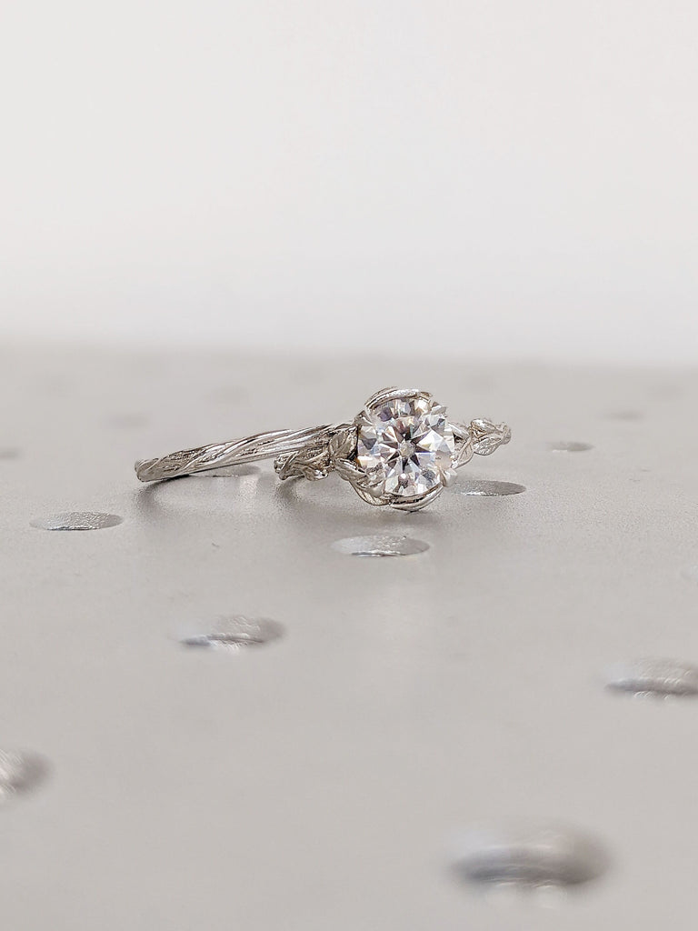 Nature Inspired Moissanite Solitaire Engagement Ring Set | Stacking Ring Set | Solid White Gold Twig Branch Wedding Ring, Rustic Bridal Ring