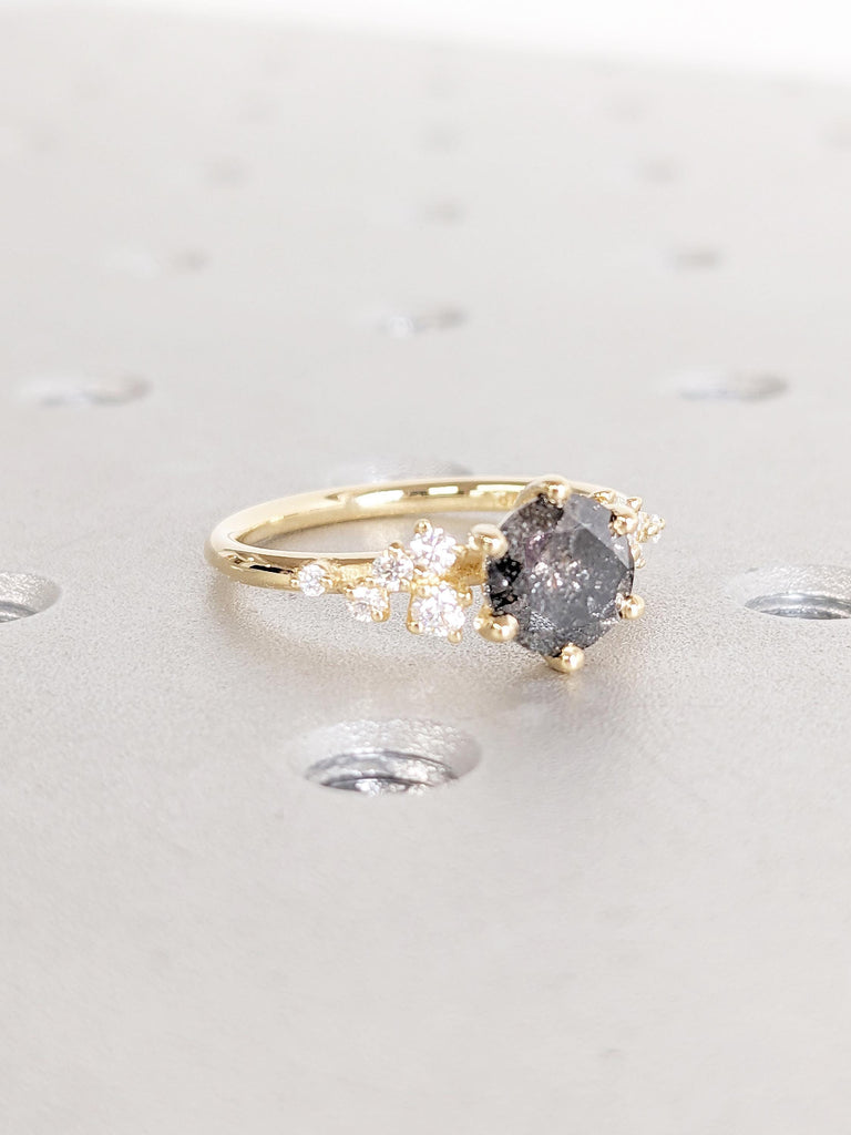 0.5-2.25ct Salt and Pepper Engagement Ring, 18k Yellow Gold Ring, Snowdrift Cluster Moissanite Ring, Unique Anniversary Rings for Women