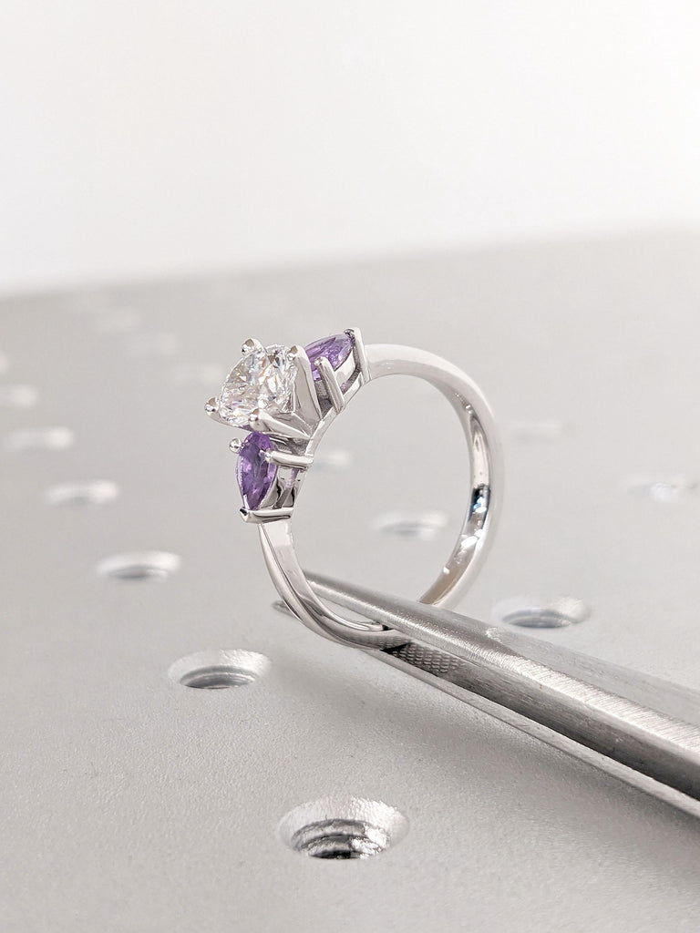 14k Solid White Gold Elegant Diamond & Amethyst Promise Ring for Her | Unique Small Women Lab Diamond Engagement Ring | February Birthstone