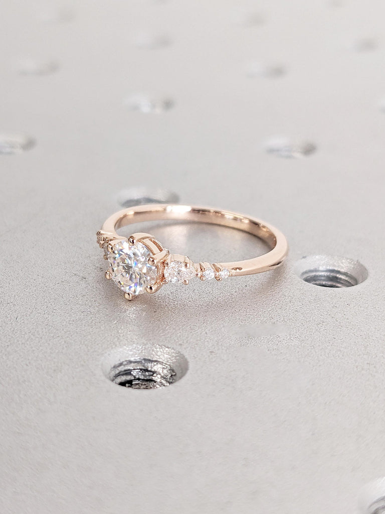 14K Rose Gold Moissanite Engagement Ring | Prong Set Ring | Dainty Moissanite Cluster Ring | Art Deco Promise Anniversary Ring for Woman