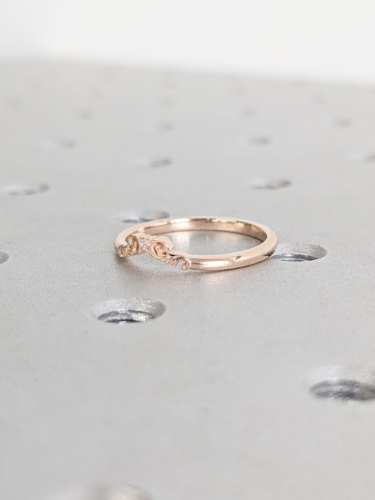 14k Rose Gold Crown Wedding Band | Diamond Wedding Band | Vintage Inspired Filigree Ring | Unique Leaf Wedding Ring | Delicate Fine Jewelry