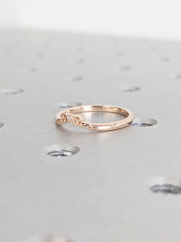 Vintage Moissanite Floral Curved Wedding Band | Unique Solid Rose Gold Diamond Filigree Wedding Ring | Dainty Promise Anniversary Leaf ring