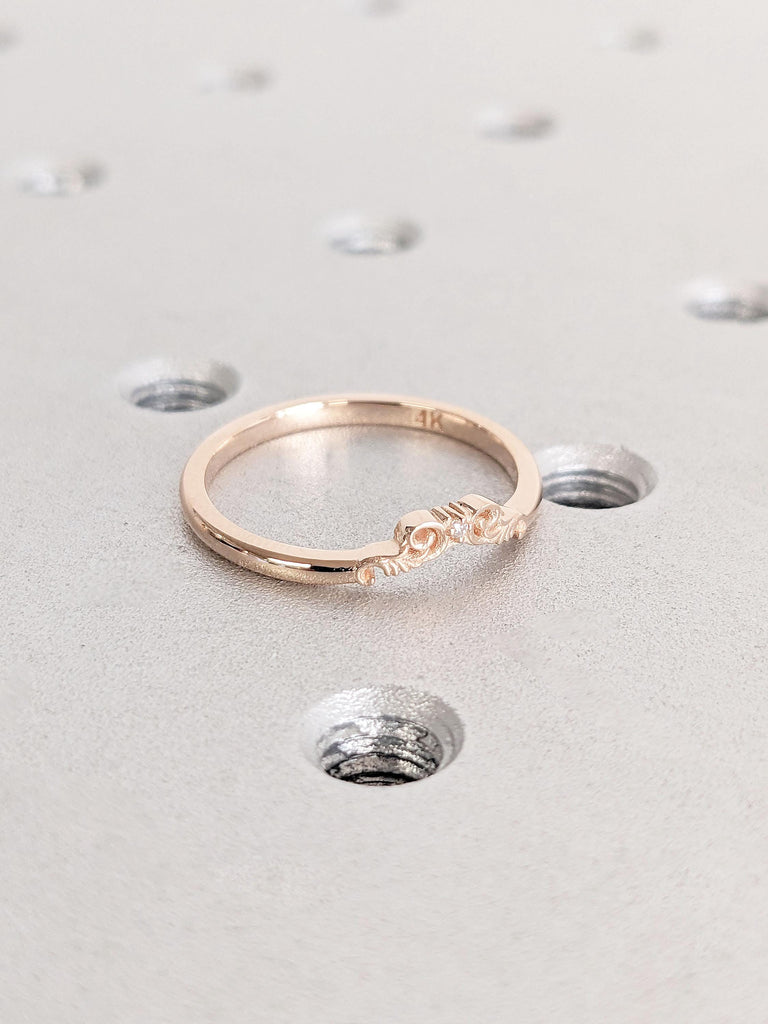 14k Rose Gold Crown Wedding Band | Diamond Wedding Band | Vintage Inspired Filigree Ring | Unique Leaf Wedding Ring | Delicate Fine Jewelry