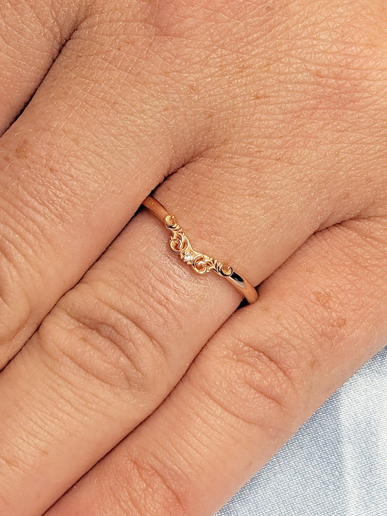 14k Rose Gold Crown Wedding Band | Diamond Wedding Band | Vintage Inspired Filigree Ring | Unique Leaf Wedding Ring | Delicate Fine Jewelry